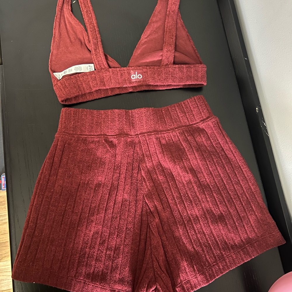 Alo Take Comfort Ribbed Bralette & Shorts Set in Deep Burgundy - Picture 3 of 3